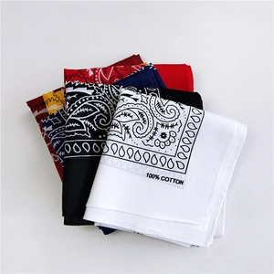 Assorted paisley 100% cotton square bandanas in white, black, red and blue colors