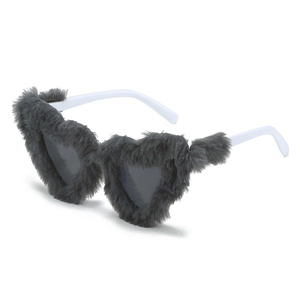 Y2K heart-shaped sunglasses with grey faux fur trim and white temples for women