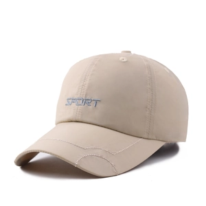 Quick-dry beige baseball cap with blue SPORT embroidery and curved brim for outdoor sports