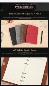 Detail view of colorful vintage PU leather binder notebooks with smooth ivory woodfree paper