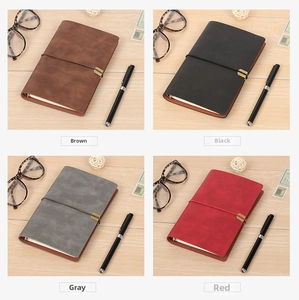 Detailed grid view of A6 vintage faux leather notebooks in brown, black, grey and red colors