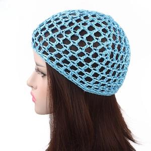 Detail of light blue hand-crochet hairnet on a model showing hollow mesh structure