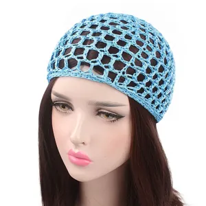 Handmade sky blue crochet mesh hair net snood with hollow grid design for women