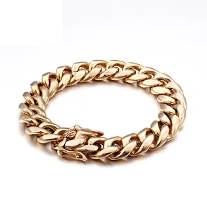 Men Gold Plated Cuban Link Bracelet Polished Stainless Steel Chunky Curb Chain Hip Hop Jewelry With Box Clasp