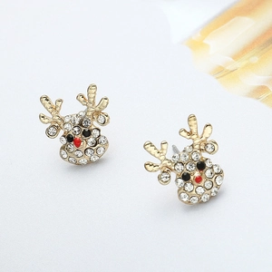 Detailed close-up of golden reindeer stud earrings with sparkling crystal rhinestones