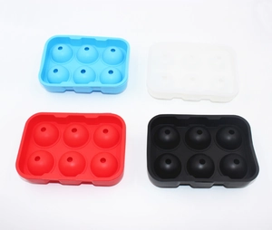Detailed set of four 6-hole silicone ice ball molds in blue, white, red, and black