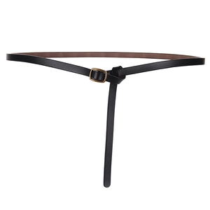 Minimalist black leather skinny belt for women with elegant golden square metal buckle