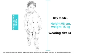 Size guide with kids models wearing cartoon dinosaur raincoats in various fits