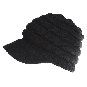 Close-up of black ribbed knit baseball cap with thick texture and plain back design