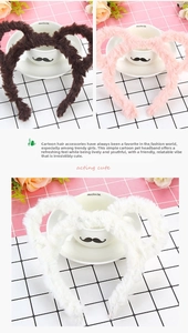 Detailed close-up of colorful plush cartoon animal ear headbands in brown, pink and white