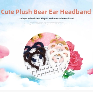 Detail of plush bear ear headbands in multiple colors like navy, coffee, and pink