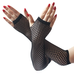 Close-up of black fishnet fingerless gloves with wide mesh and reinforced knit edges