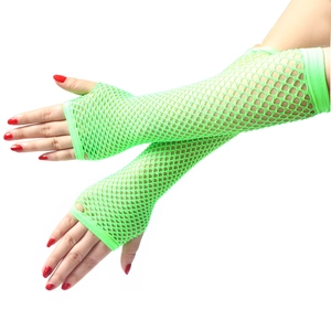Detail of neon green fishnet long fingerless gloves with elastic nylon mesh texture