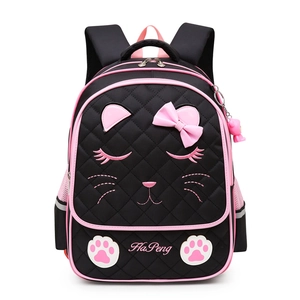 Pink and black girl's school backpack with cat face embroidery and cute bow detail