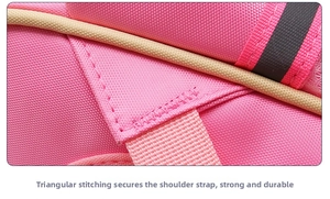 Macro detail of reinforced triangular stitching and reflective safety strip on pink backpack