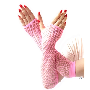 Pink punk fishnet fingerless long gloves with elastic diamond mesh for parties