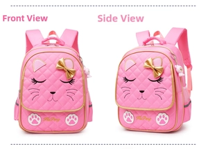 Detailed view of pink quilted leather girls backpack with cat ears and gold bow decoration