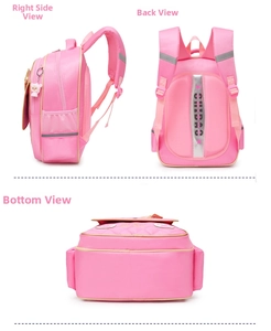 Detail view of pink girl's backpack featuring breathable mesh padding and safety reflective strips