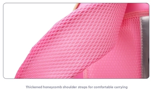 Detail of pink school backpack featuring thickened honeycomb mesh shoulder straps for comfort