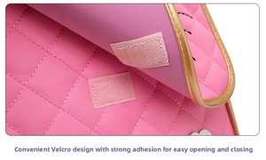 Detail view of pink quilted fabric and strong Velcro closure with gold trim for kids bag