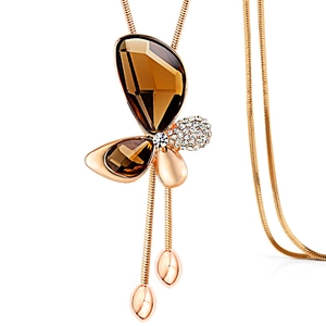 Sparkling butterfly pendant long sweater chain with brown crystal and rose gold rhinestones