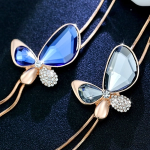 Fashion butterfly sweater necklace with sparkling crystals and gold plating for women