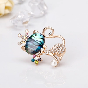 Broche chat en alliage à la mode avec coquille d'abalone, strass et perle pendante