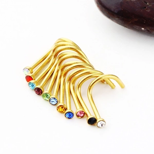 Set of 12 gold-plated L-shaped nose studs featuring colorful round-cut crystal accents