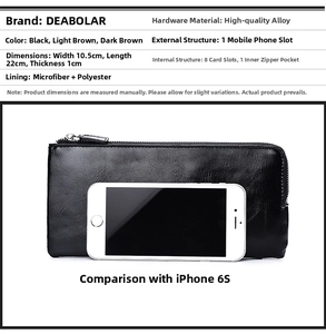 Detailansicht der schwarzen langen Brieftasche 10,5x22x1cm im Vergleich zum iPhone 6S