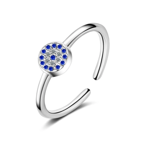 Adjustable silver Evil Eye ring with blue and white zircon micro-pave setting