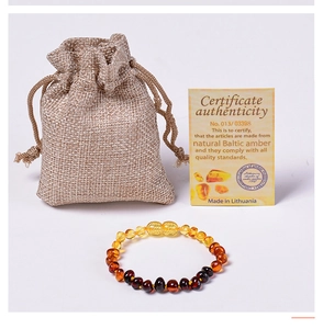 Baltic amber baby bracelet with linen pouch and certificate of authenticity