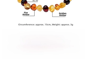 Detail view of multicolored Baltic amber baby bracelet with size specifications