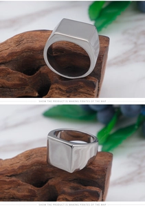 Macro detail of silver square stainless steel signet ring with minimalist industrial design