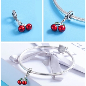 S925 silver red cherry charm with green leaves on bracelet in a white gift box