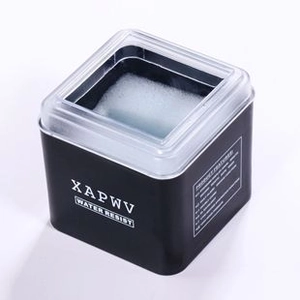 Detailed view of XAPWV watch packaging with transparent lid and product feature descriptions