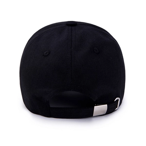 Rear view of black cotton baseball cap featuring adjustable silver metal buckle