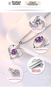 Detail macro view of S925 sterling silver heart necklace with purple cubic zirconia stone