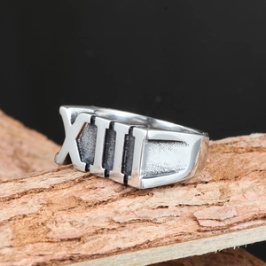 Minimalist silver stainless steel men's ring with engraved Roman numeral XIII detail