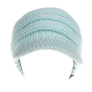 Detail view of a sky blue knitted ponytail baseball cap with a textured ribbed pattern
