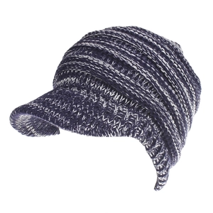 Detail view of navy and beige mixed knit texture with vertical ribbing on a winter visor cap