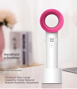 Pink leafless handheld fan on a desk stand for cooling eyelashes and makeup