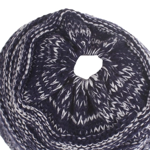 Top view of knit ponytail beanie in navy and grey mix with circular top opening