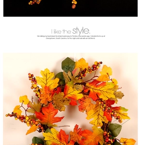 Macro detail of autumn wreath featuring vibrant maple leaves and seasonal berries