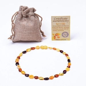 Collier bébé en ambre de la Baltique multicolore avec certificat et pochette en lin