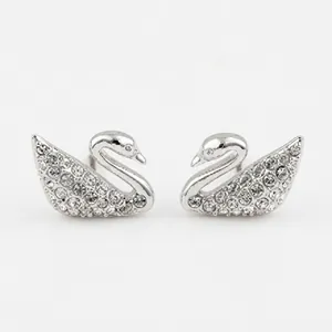 Elegant silver swan stud earrings encrusted with sparkling clear pavé crystals detail