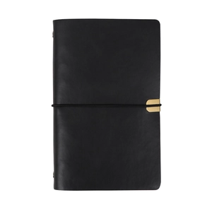 Vintage A6 faux leather notebook in black with elastic strap and metal accents