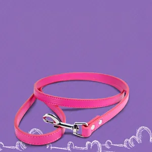 Pink PU leather pet leash with silver metal swivel hook and durable rivets for cats and dogs