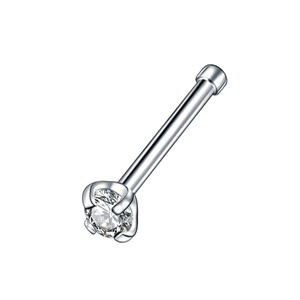 Detailed macro view of a silver nose stud with a round clear cubic zirconia in a 4-prong setting