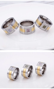 Macro shot of two-tone wide titanium steel ring with square purple gemstone and pavé accents