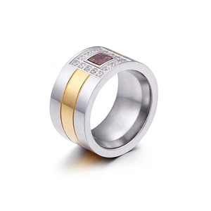 Wide Band Stainless Steel Ring Gold Silver Two Tone Square Zirconia Micro Pave Inlaid Fashion Unisex Jewelry